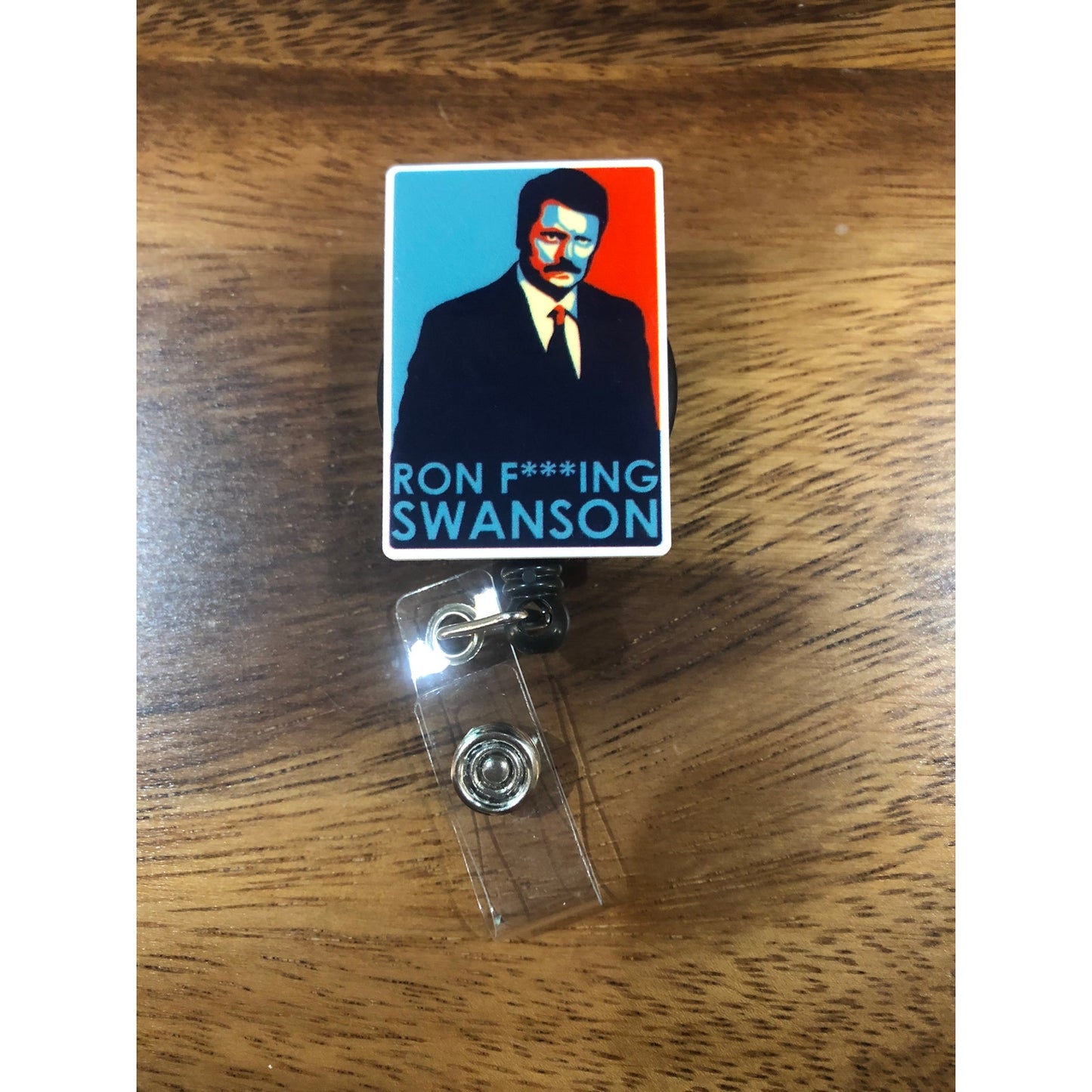 Ron Swanson Parks and Rec Badge Reel with Swivel Back