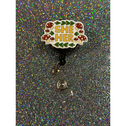 Cottagecore She/Her Pronoun Badge Reel with Swivel Back