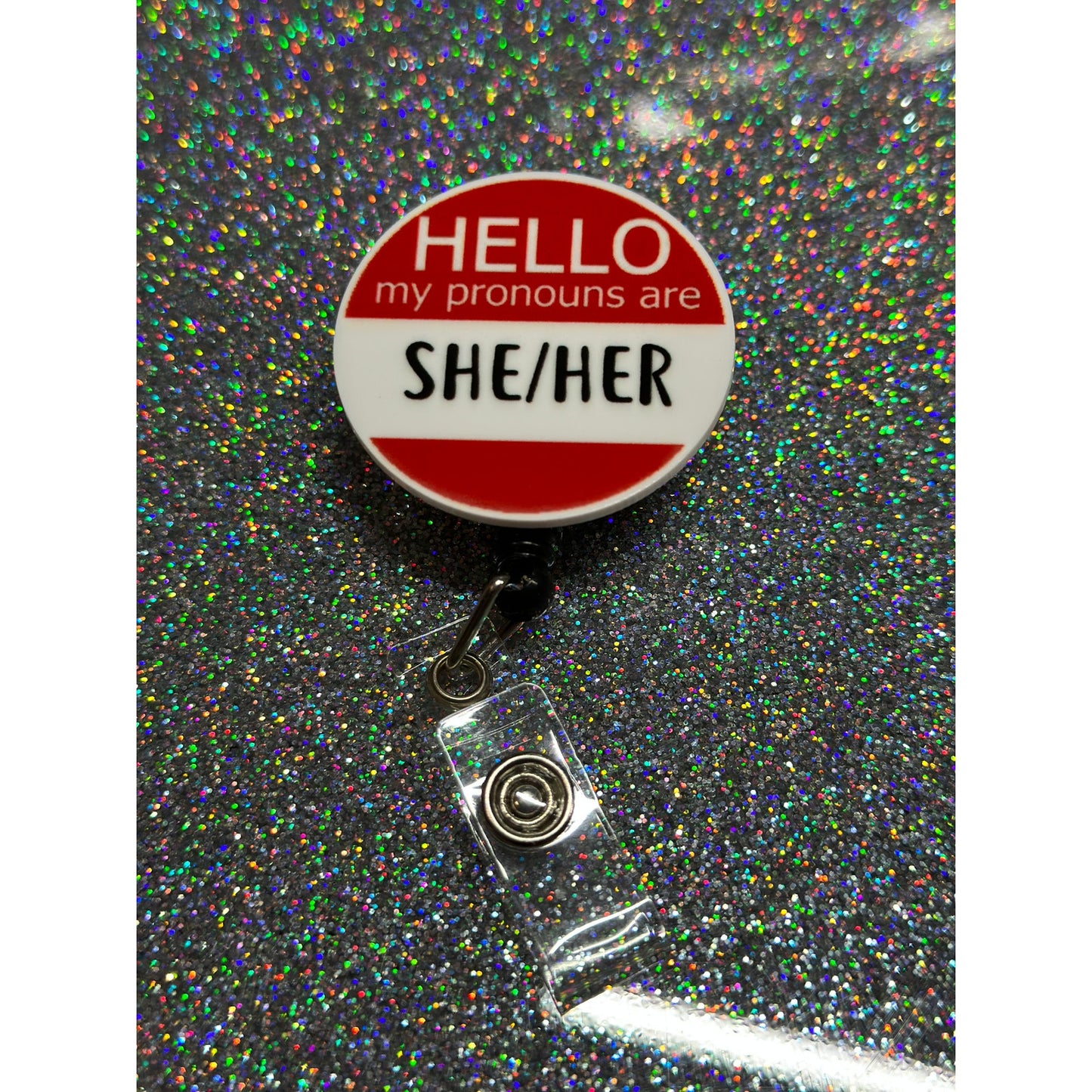 She Her Pronoun Badge Reel with Swivel Back