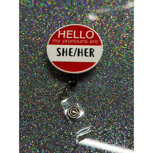 She Her Pronoun Badge Reel with Swivel Back