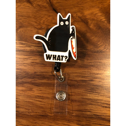 Cat With Knife What? Badge Reel with Swivel Back