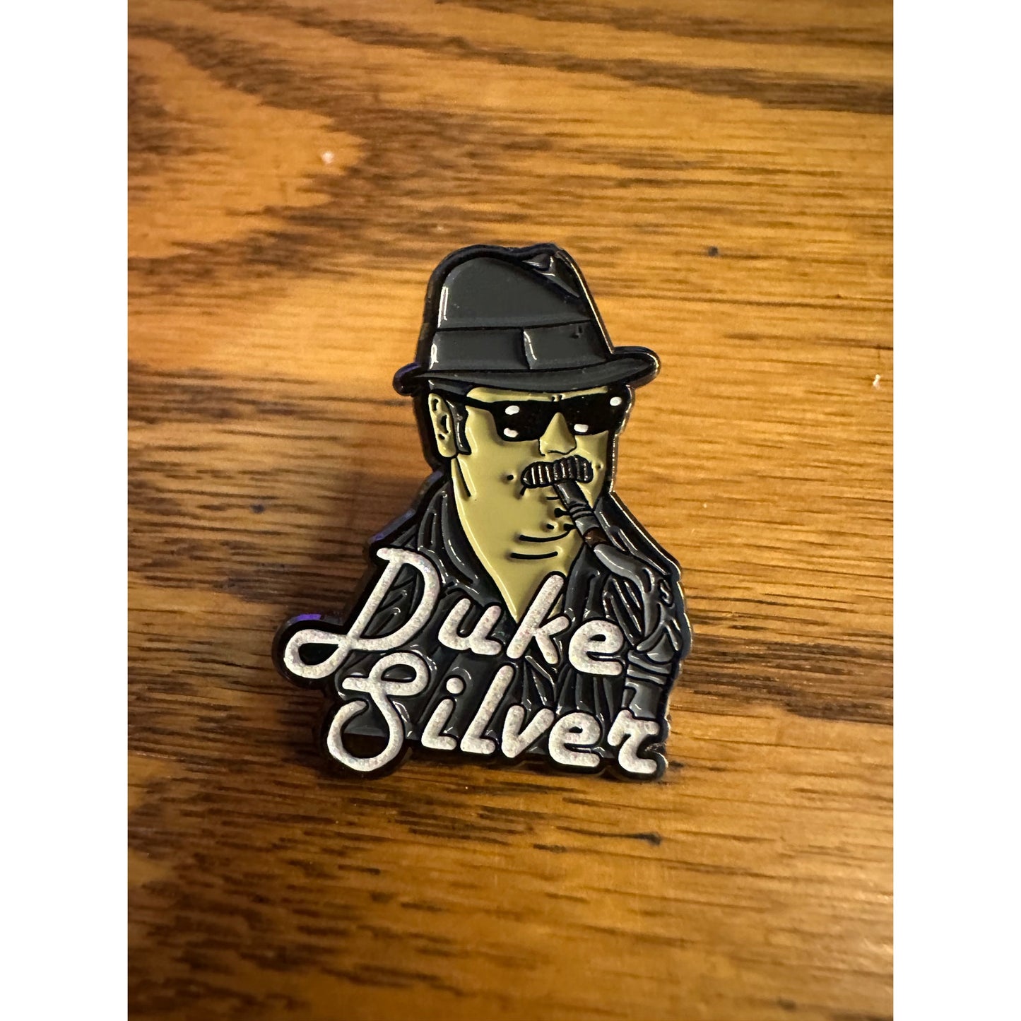 Duke Silver Ron Swanson Parks and Rec Pinback Label Pin