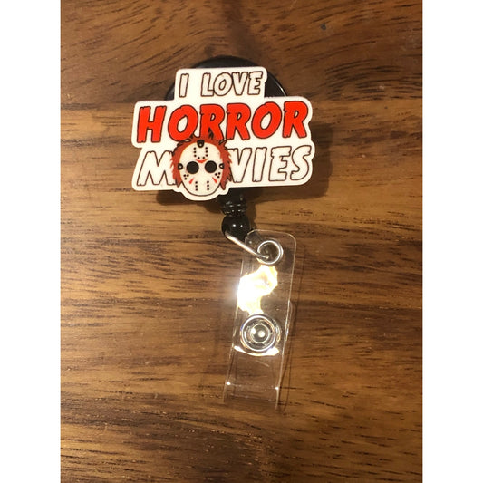 I Love Horror Movies Badge Reel with Swivel Back