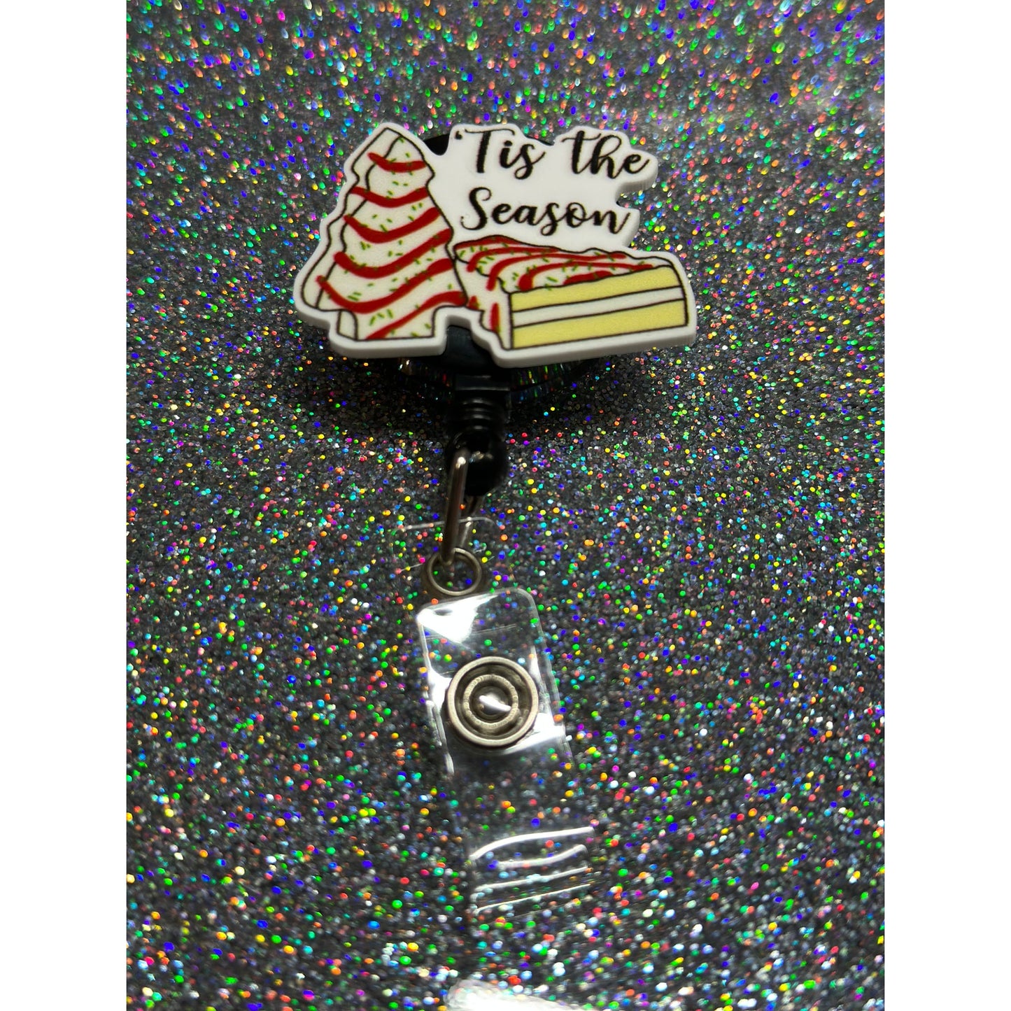 Tis the Season for Christmas Tree Cakes Badge Reel with Swivel Back