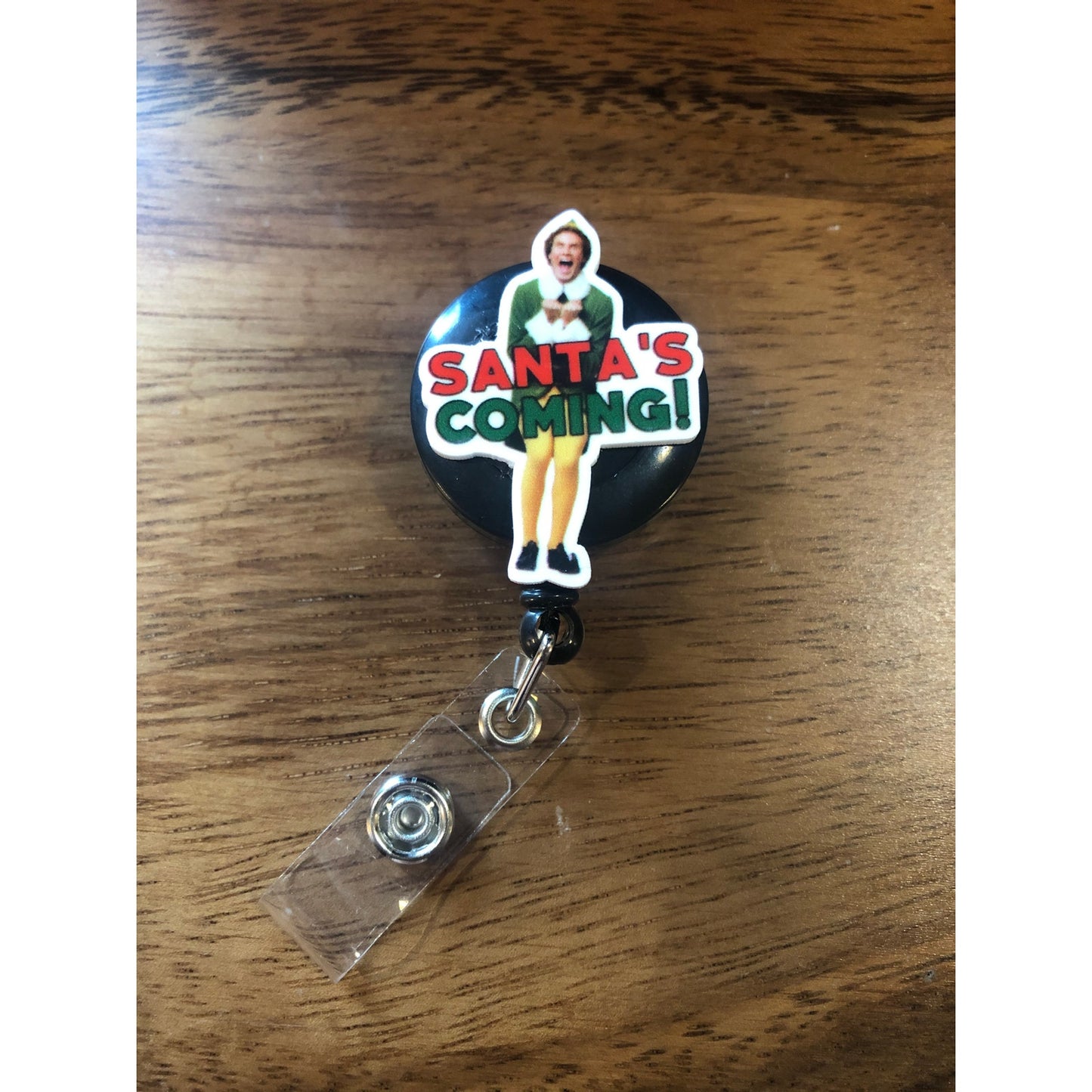 Santa's Coming ELF Buddy Christmas Badge Reel with Swivel Back