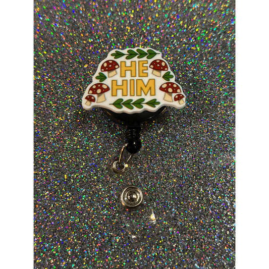 Cottagecore He/Him Pronoun Badge Reel with Swivel Back