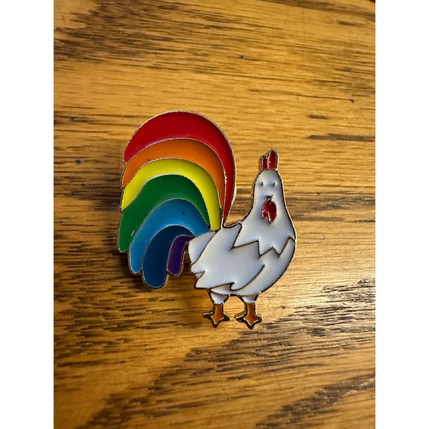 Rainbow Chicken Rooster Cock Pinback Label Pin