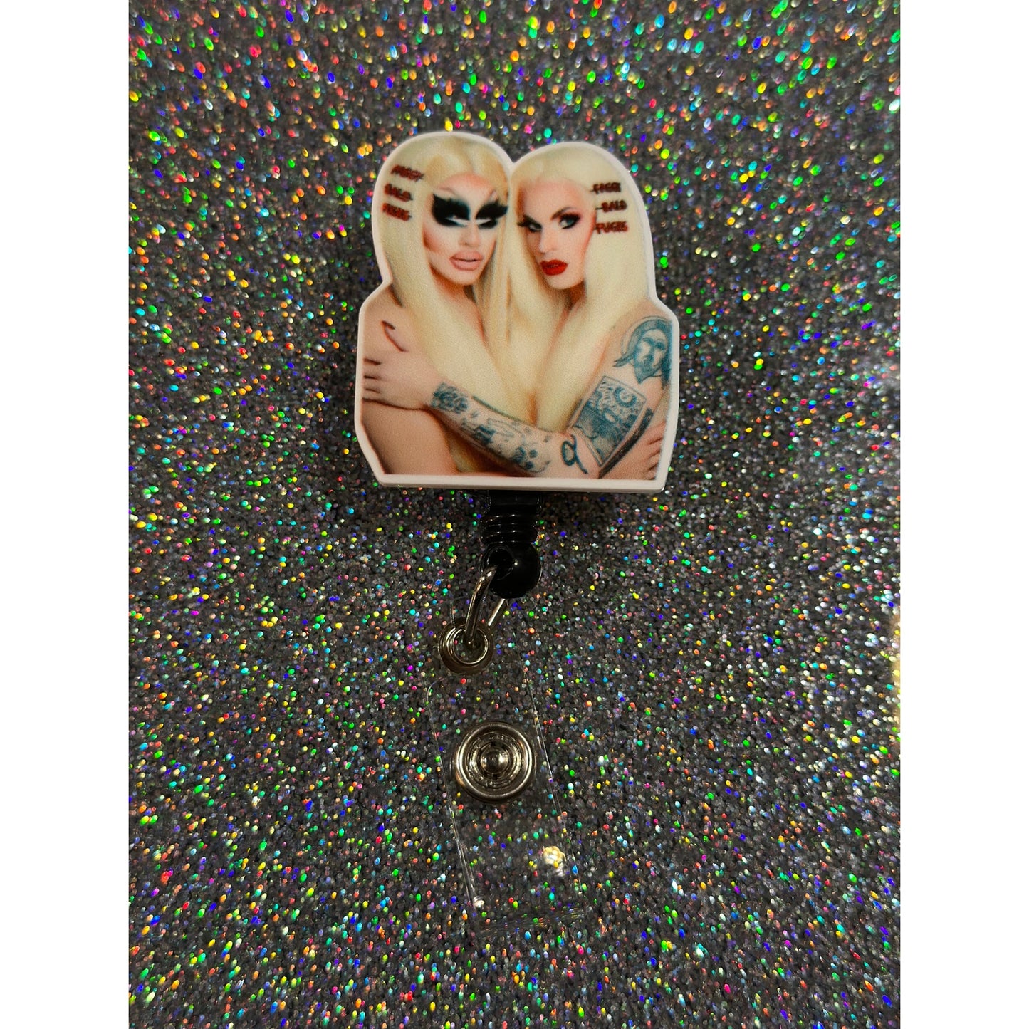 Trixie and Katya Drag Queens Badge Reel with Swivel Back