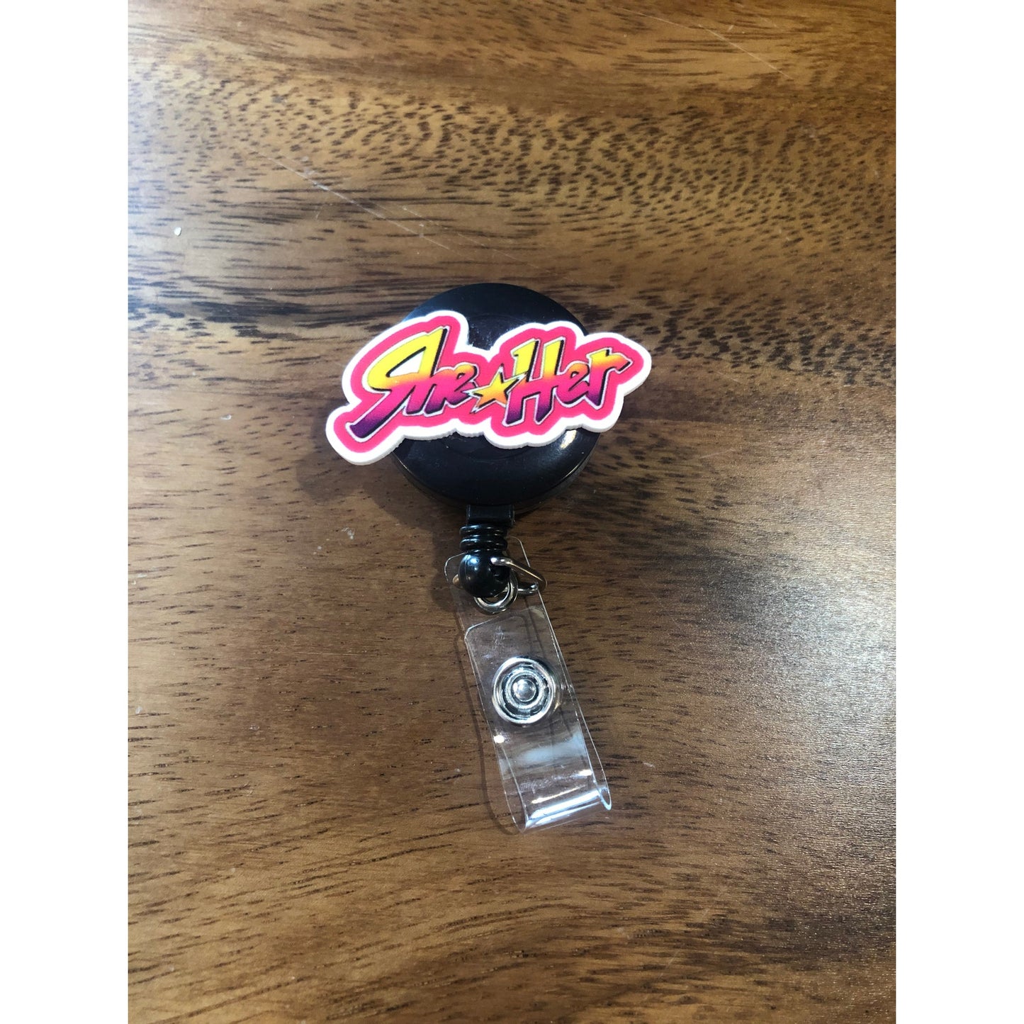 She Her Pronoun Badge Reel with Swivel Back