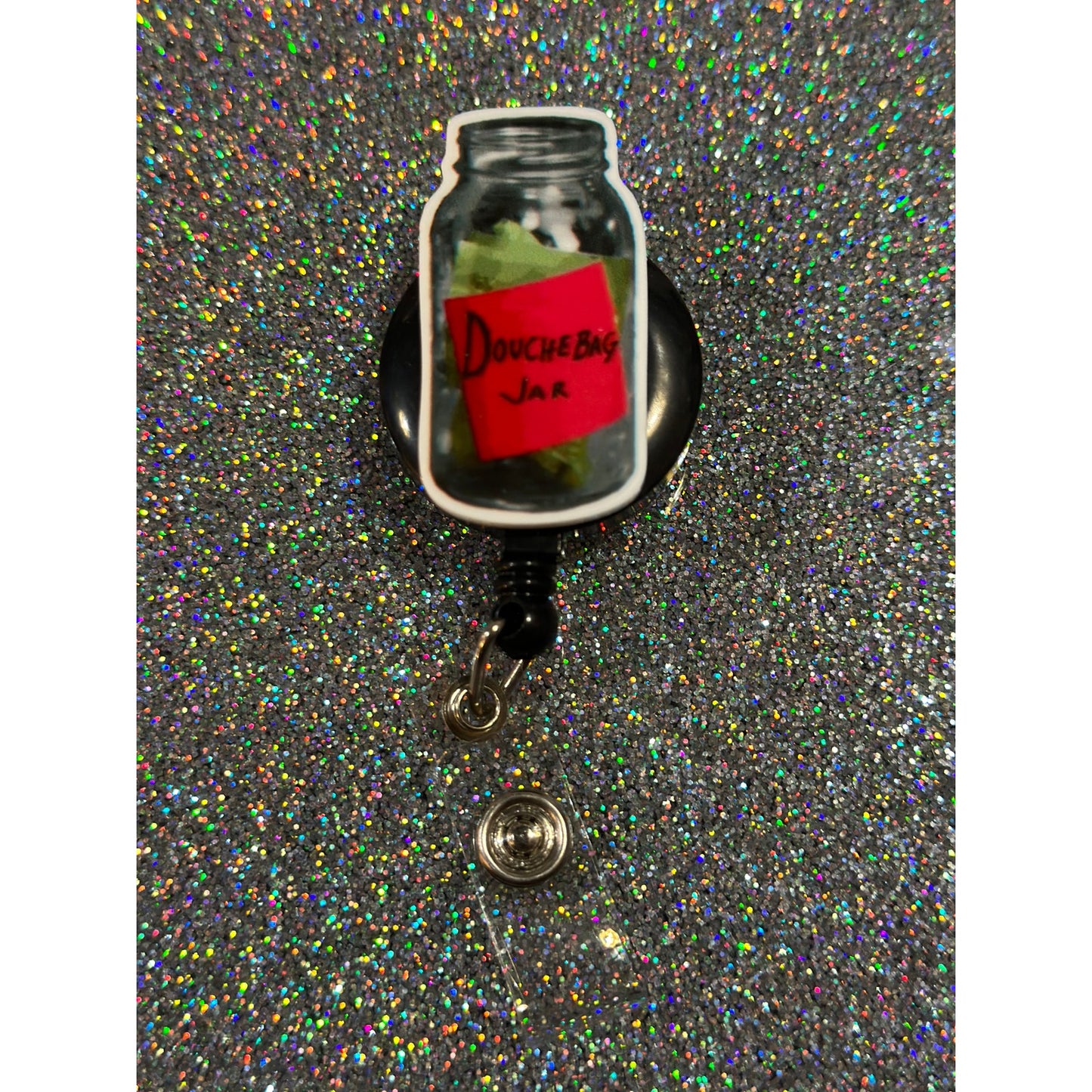 New Girl Douchebag Jar Pacific Northwest Badge Reel with Swivel Back