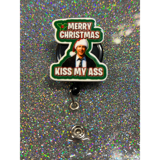 Merry Christmas Kiss My Ass National Lampoon Badge Reel with Swivel Back