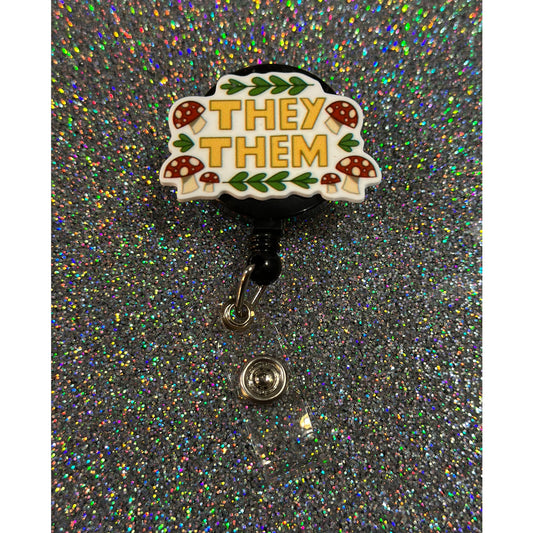 Cottagecore They/Them Pronoun Badge Reel with Swivel Back